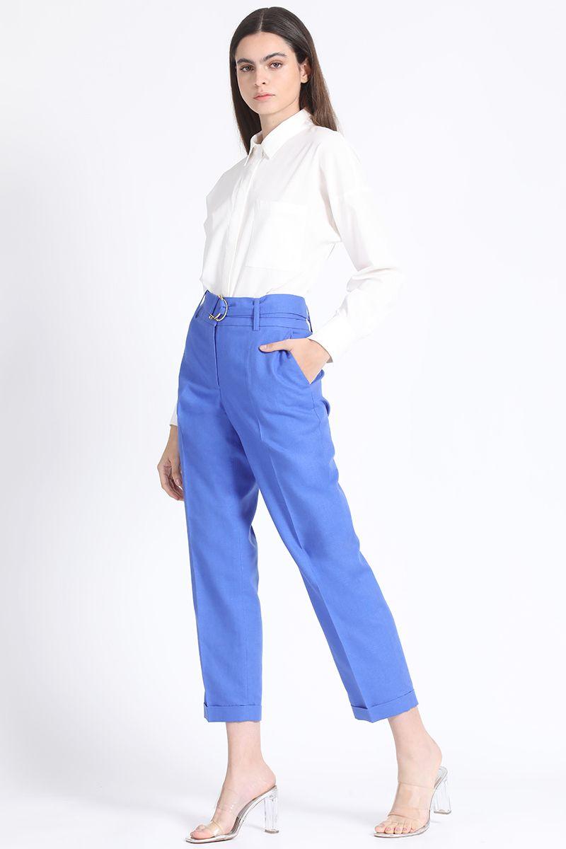 Pantalon Sastre Con Cinturon, Lino Algodón Oceano Liola-3