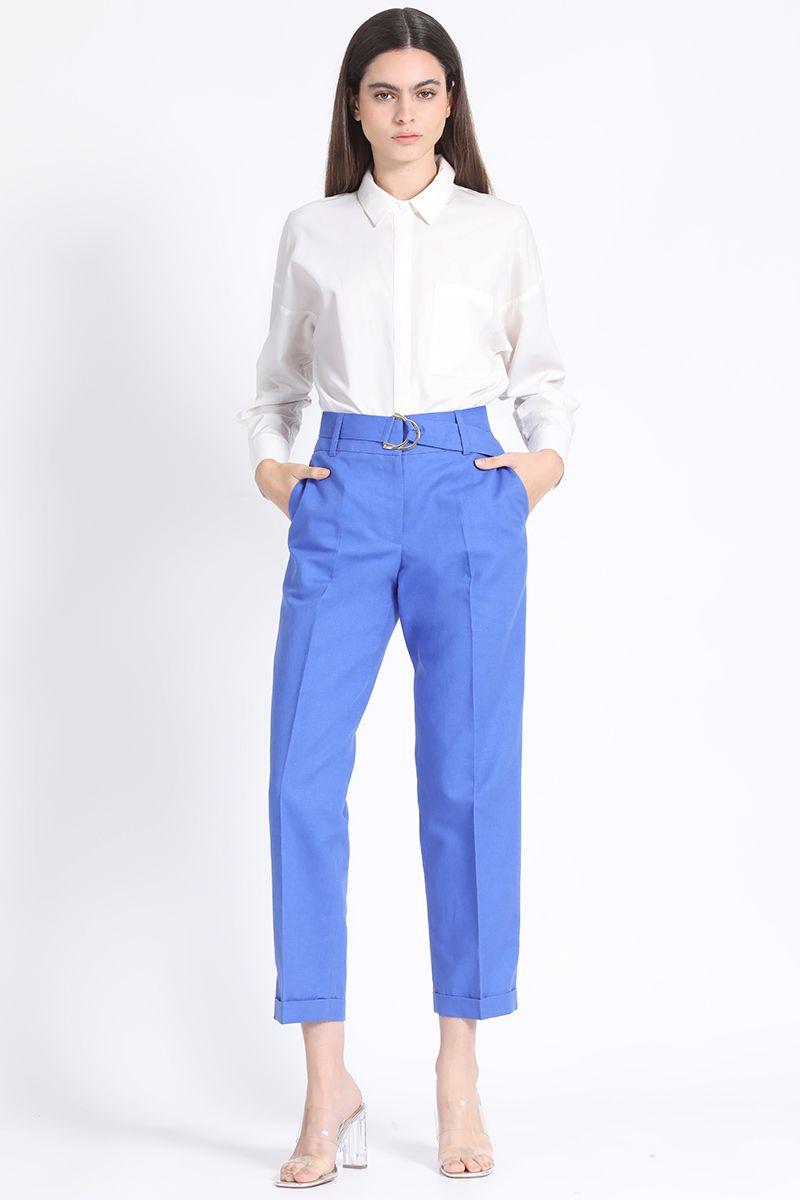 Pantalon Sastre Con Cinturon, Lino Algodón Oceano Liola-5