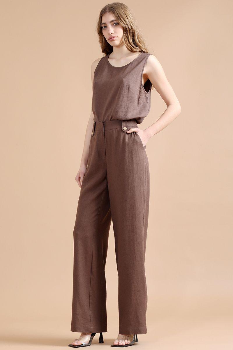 Pantalon Ancho Con Lino, Tiro Alto, Chocolate Liola-0