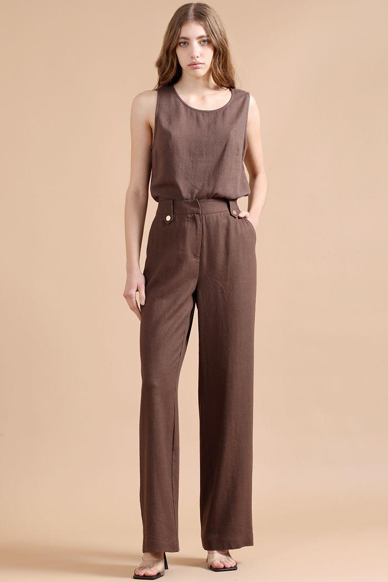 Pantalon Ancho Con Lino, Tiro Alto, Chocolate Liola-1