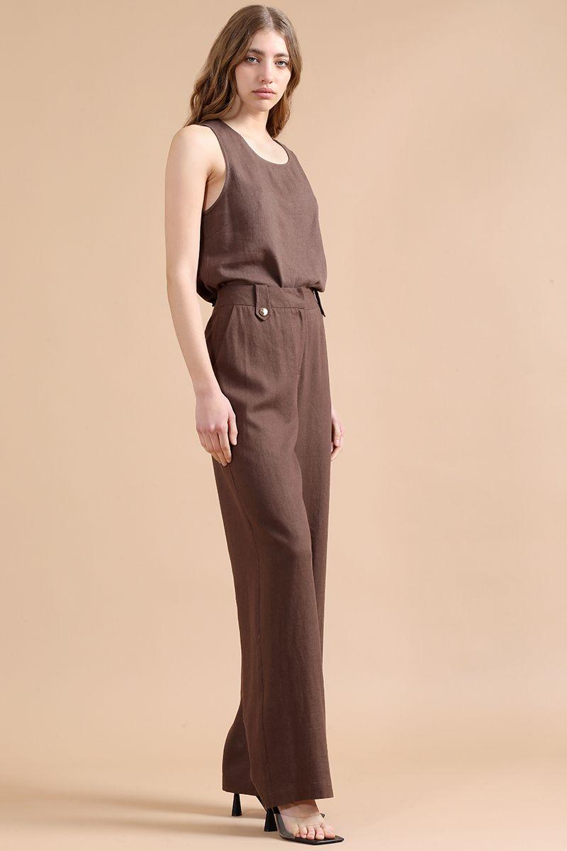 Pantalon Ancho Con Lino, Tiro Alto, Chocolate Liola-2