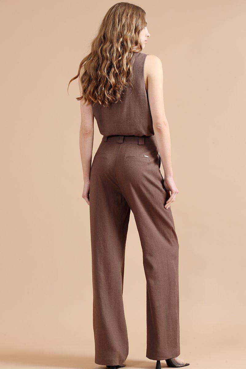Pantalon Ancho Con Lino, Tiro Alto, Chocolate Liola-3