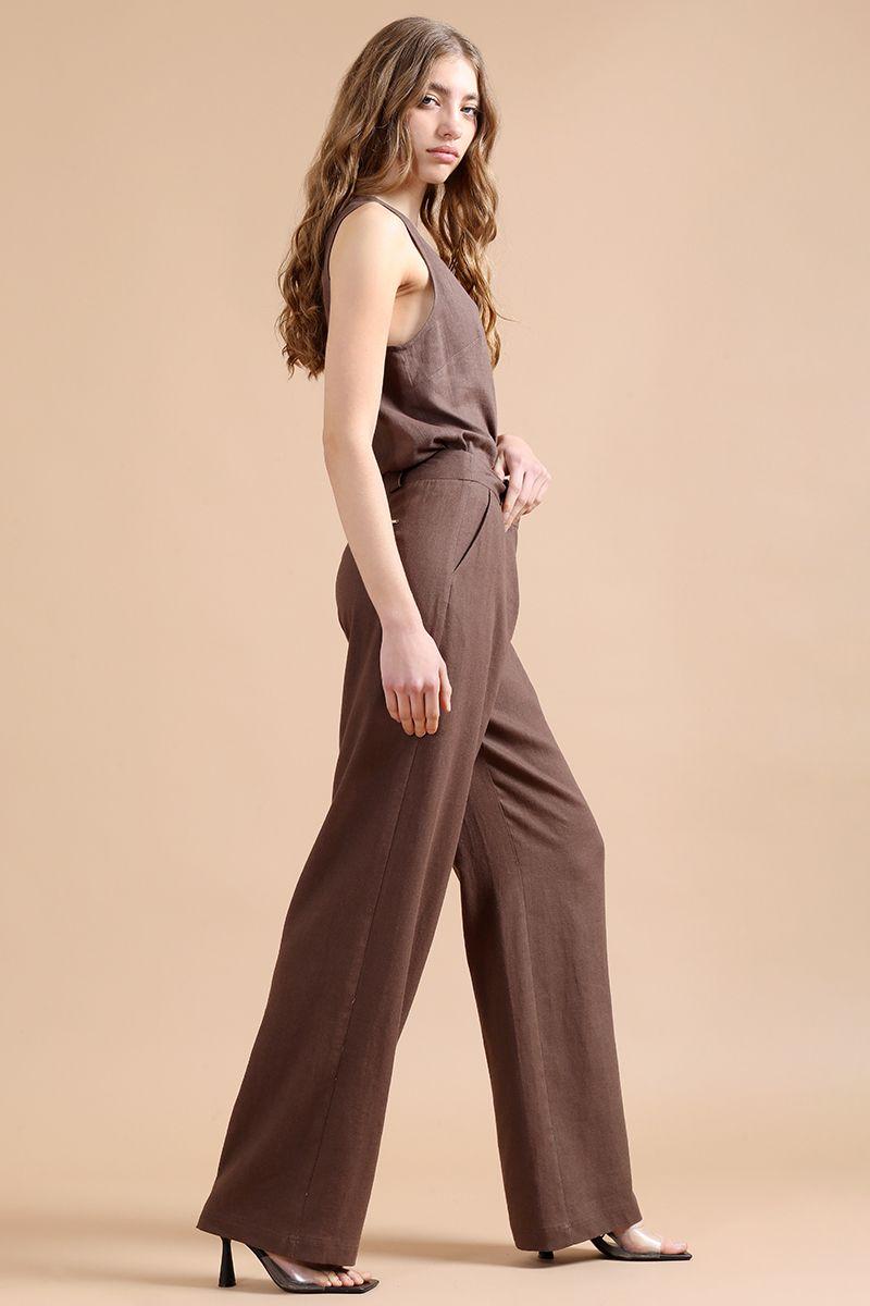 Pantalon Ancho Con Lino, Tiro Alto, Chocolate Liola-5