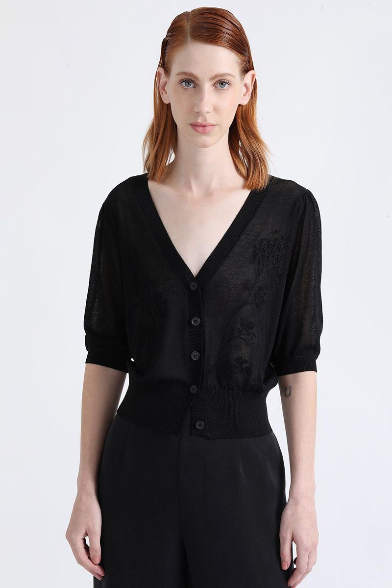 Cardigan Tejido Semitransparente Bordado Flor, Negro Liola-3
