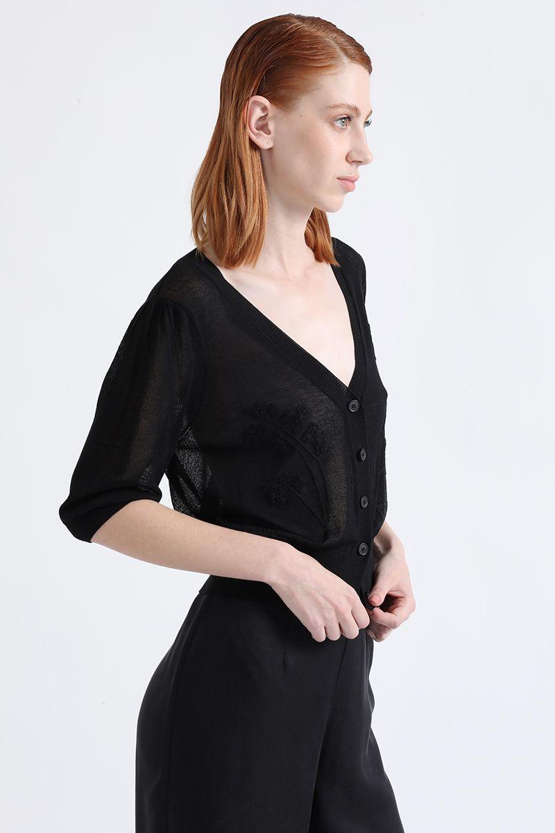 Cardigan Tejido Semitransparente Bordado Flor, Negro Liola-4