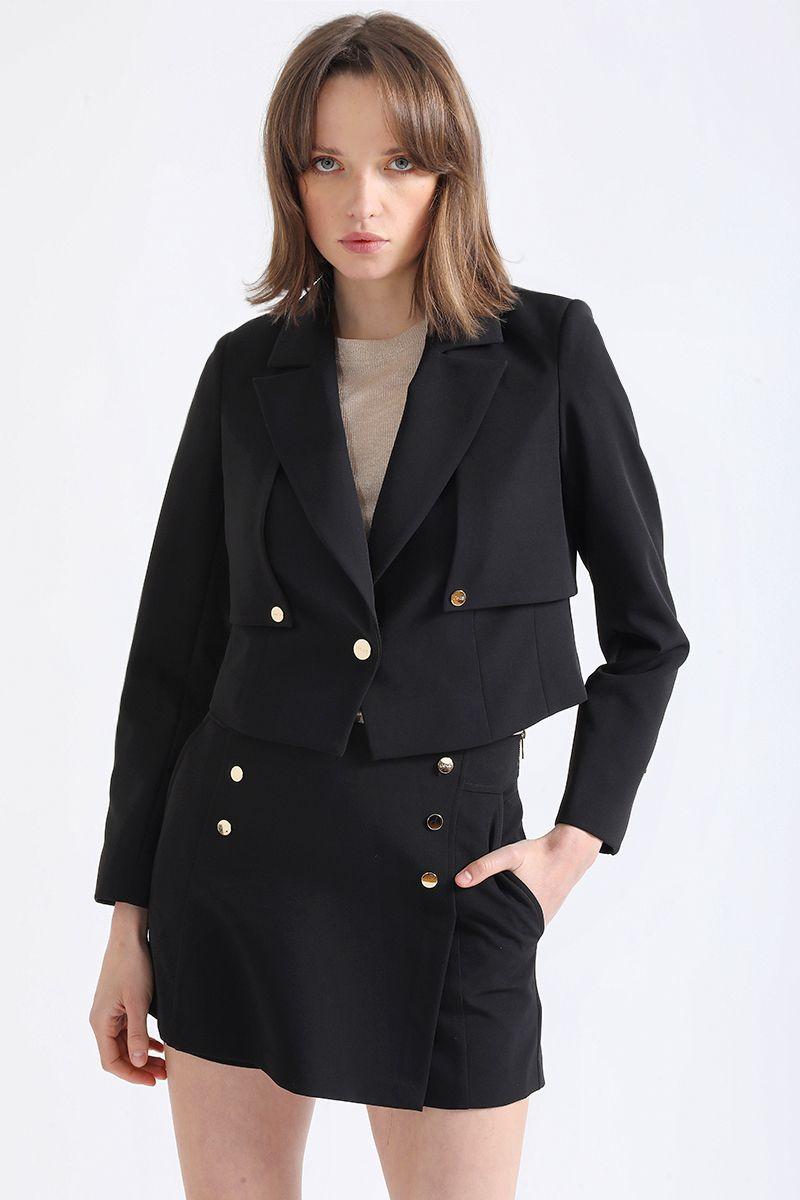 Blazer Cropped Tipo Trench, Negro Liola-0
