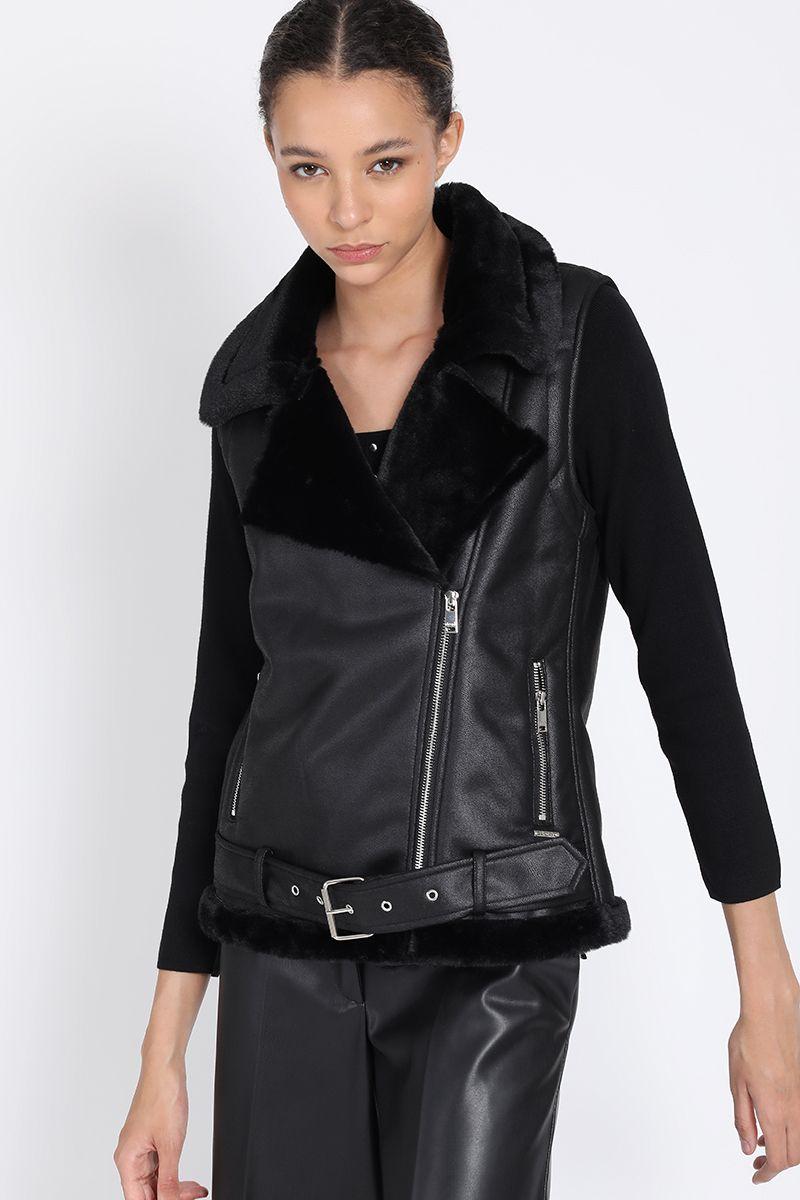Chaqueta Biker Sin Mangas, Doble Faz Efecto Piel, Negro Liola-2