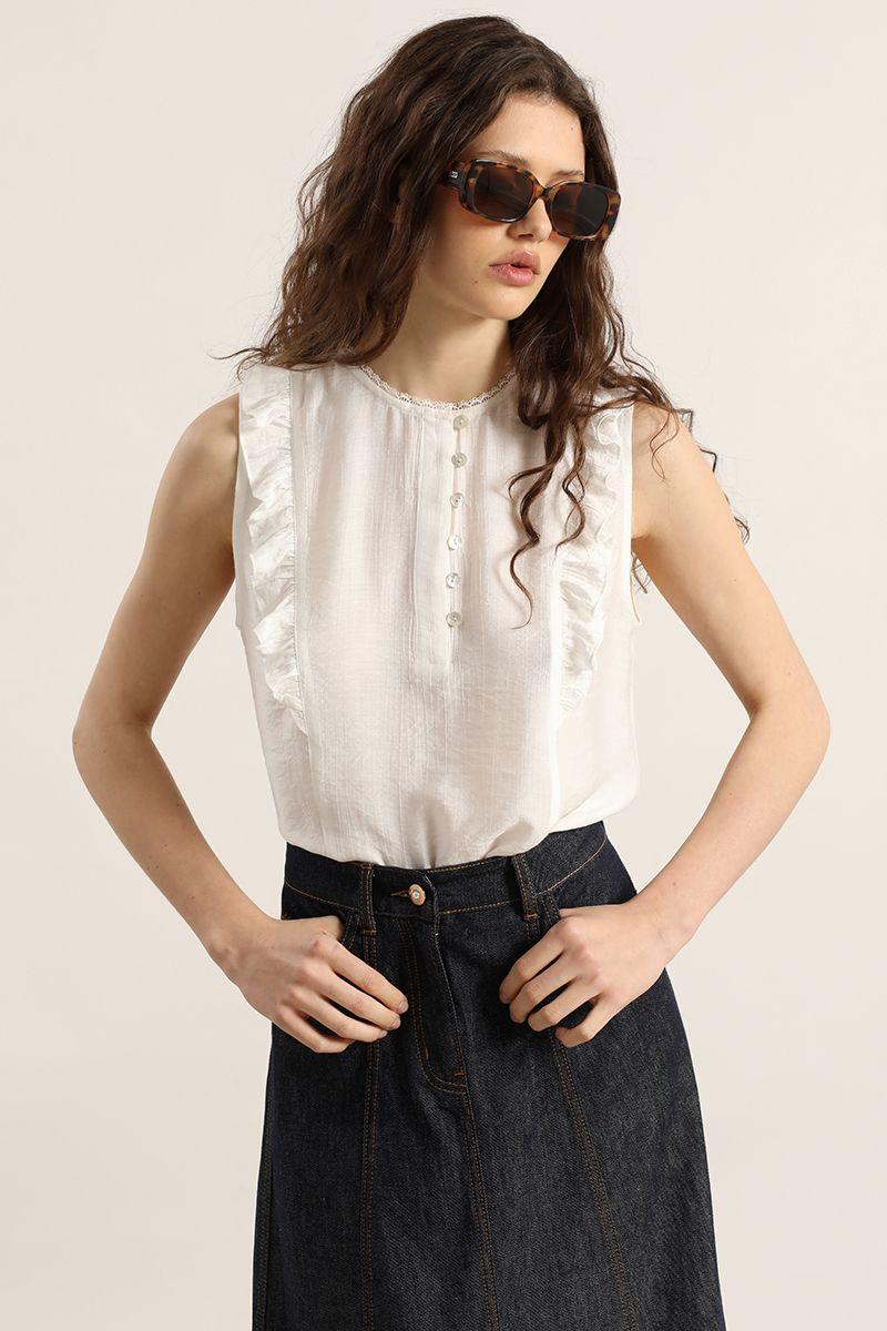 Blusa volantes, aplicacion encaje, crudo Liola-0
