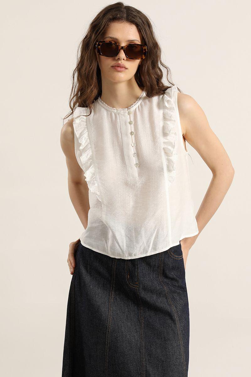 Blusa volantes, aplicacion encaje, crudo Liola-2