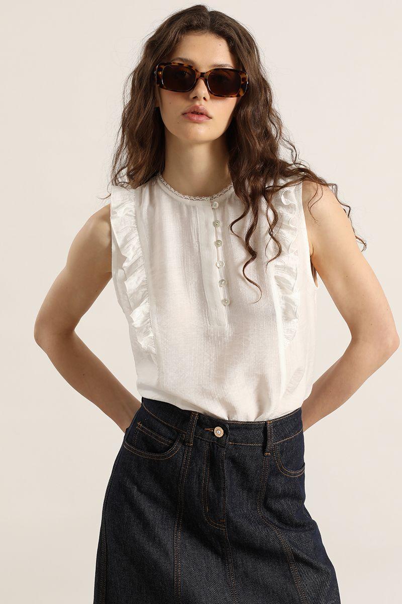 Blusa volantes, aplicacion encaje, crudo Liola-3