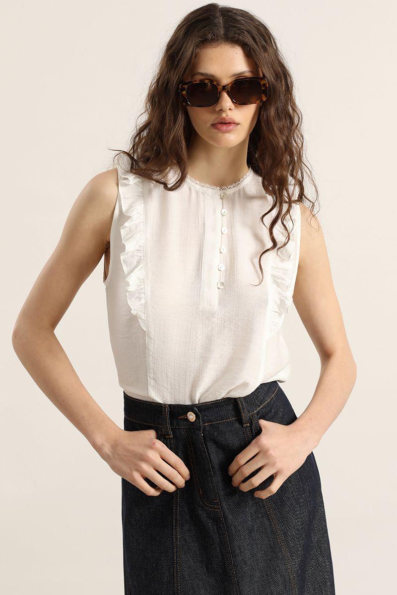 Blusa volantes, aplicacion encaje, crudo Liola-4