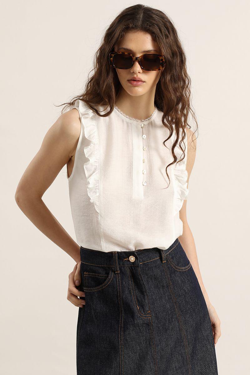 Blusa volantes, aplicacion encaje, crudo Liola-5