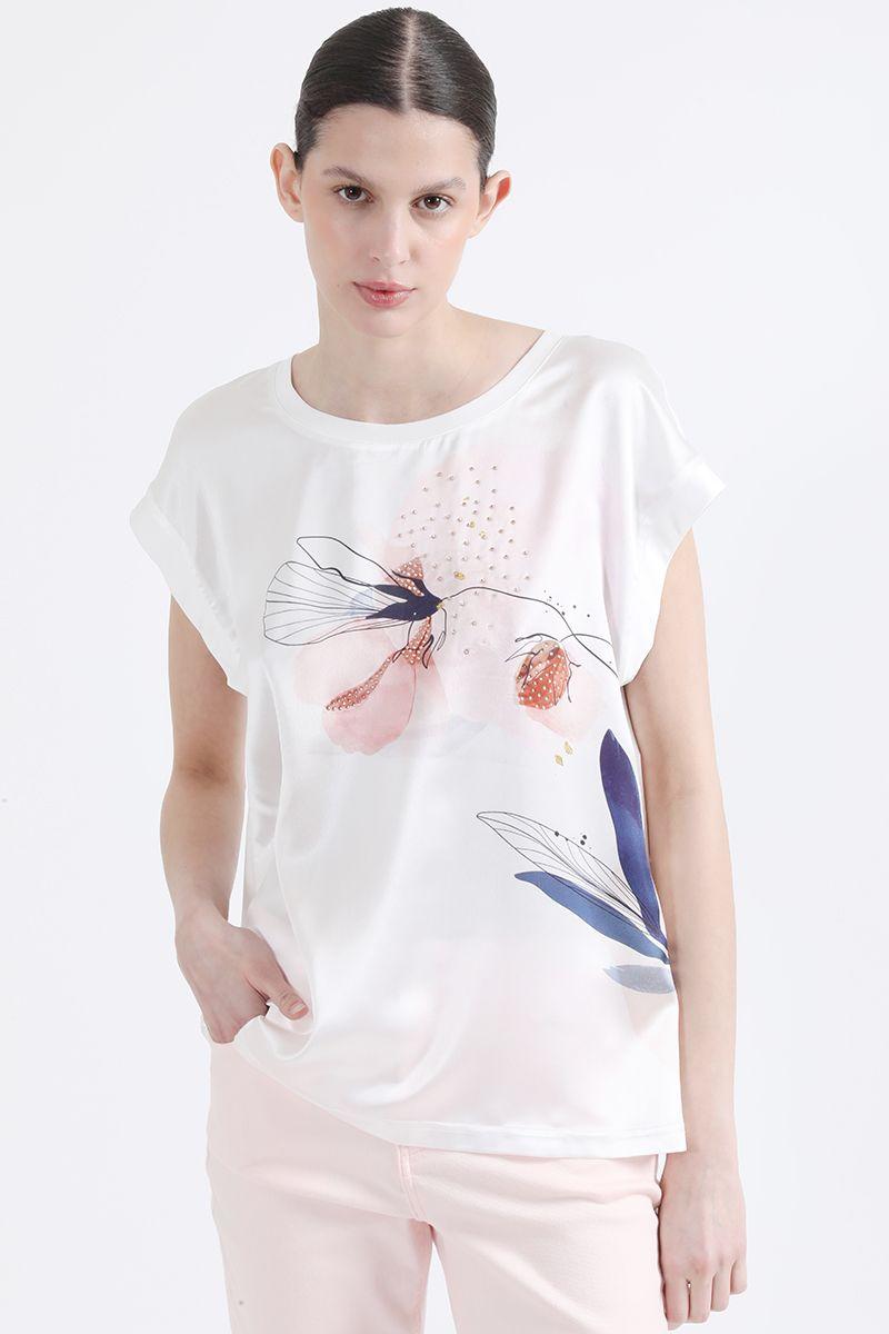 Polera Con Satin Estampado Flor Acuarela, Crudo Liola-0