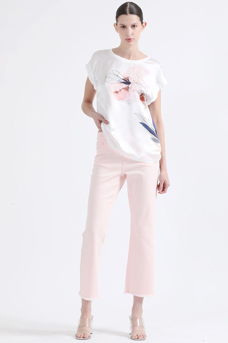 Polera Con Satin Estampado Flor Acuarela, Crudo Liola-1