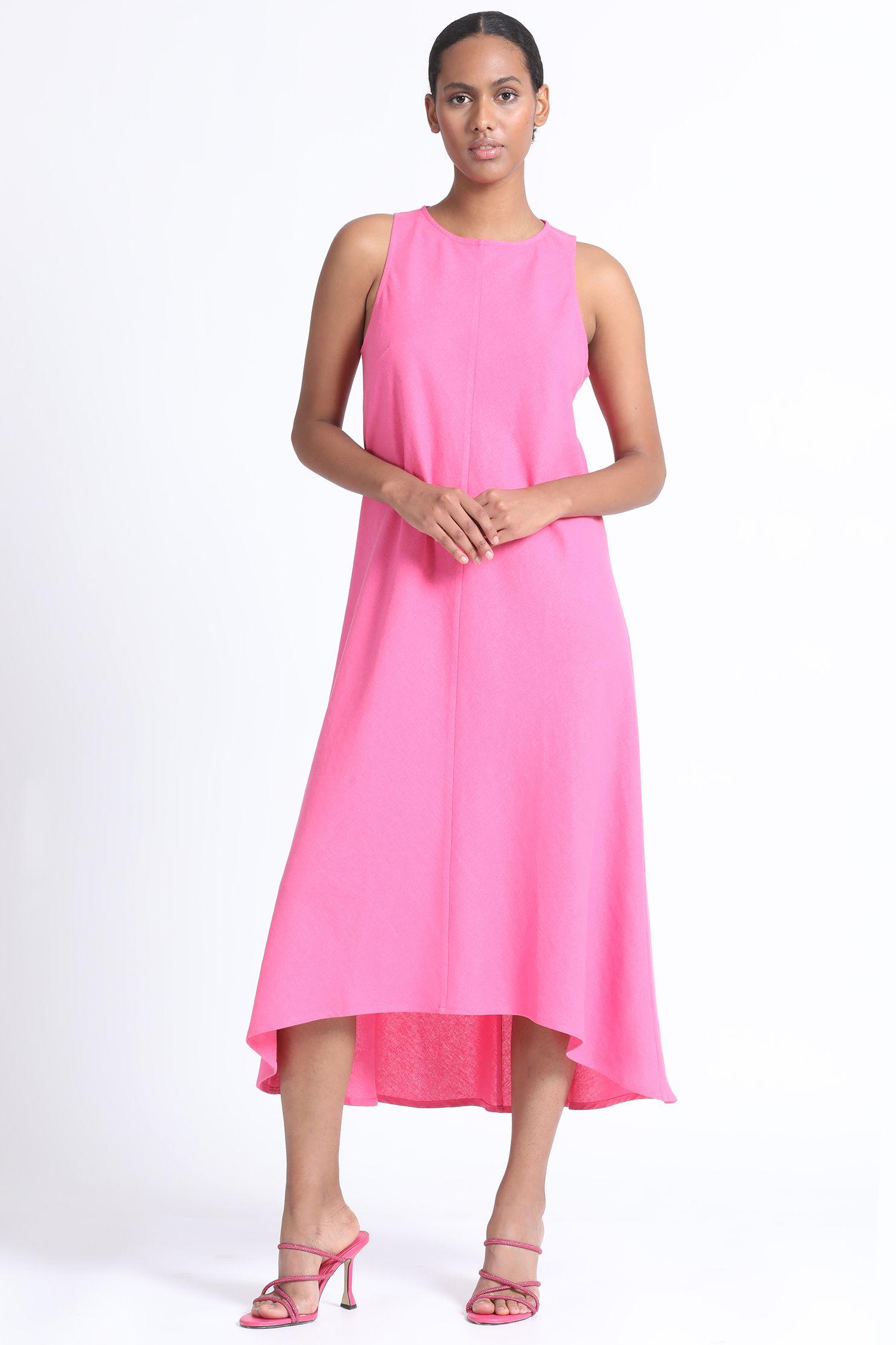 Vestido Halter Maxi Sesgado Lino Mix Fucsia Liola-1