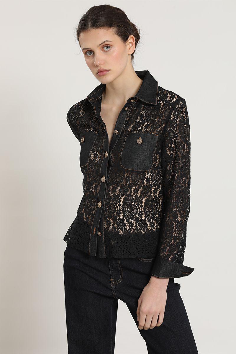 Blusa mix encaje denim, negro Liola-4