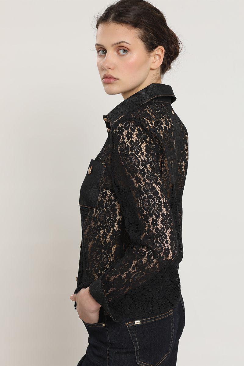 Blusa mix encaje denim, negro Liola-5