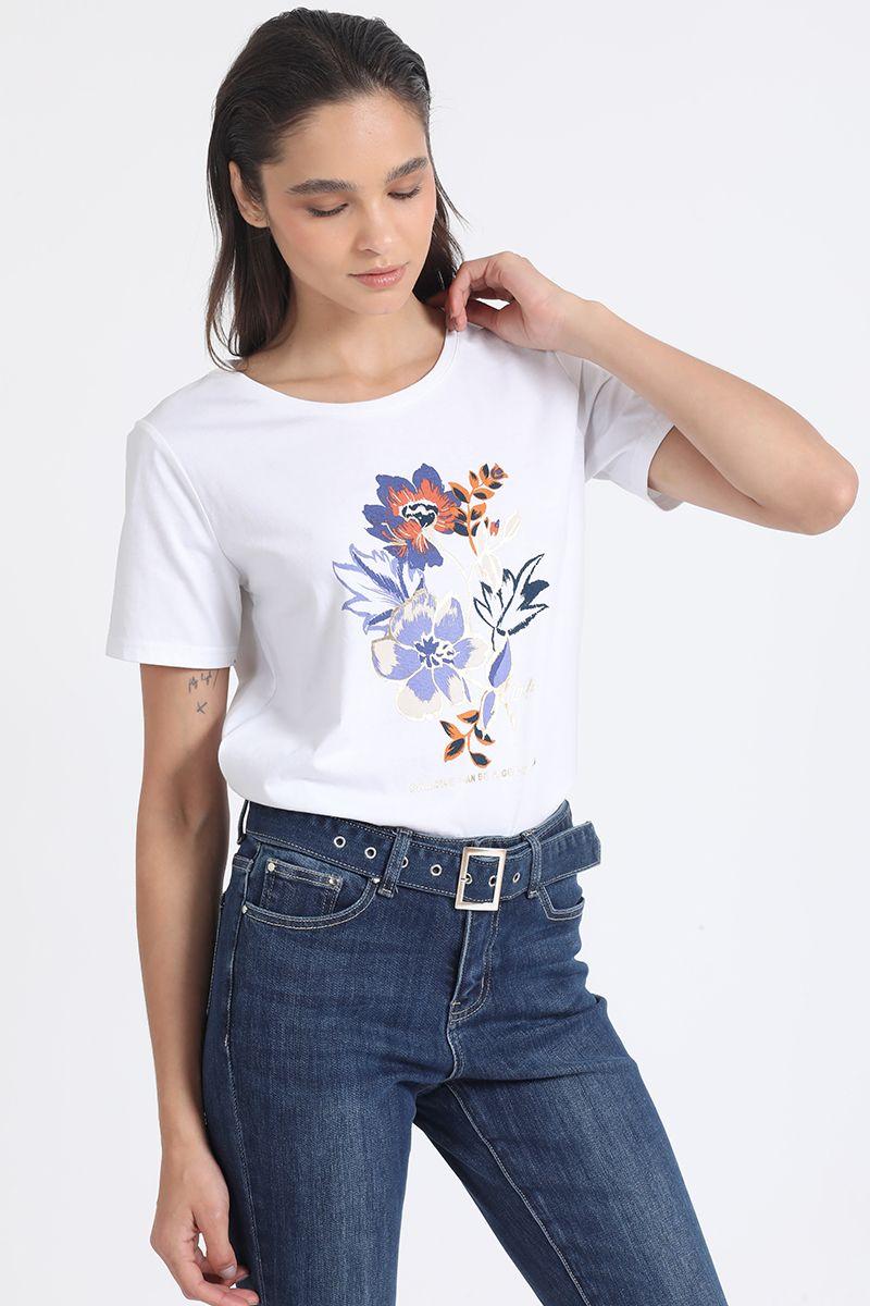 Polera Algodón, Estampado Flores Folia, Crudo Liola-4