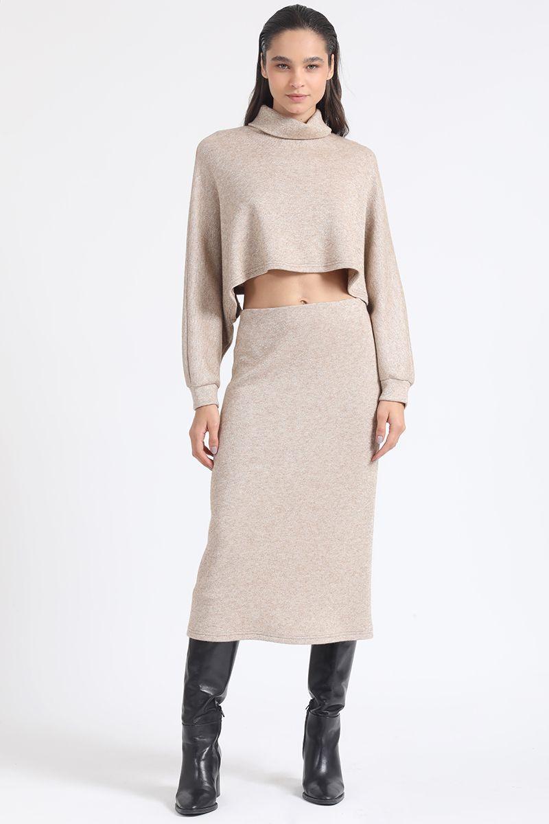 Falda Midi Tejido, Tubo, Con Hilo Metalizado, Beige Liola-2