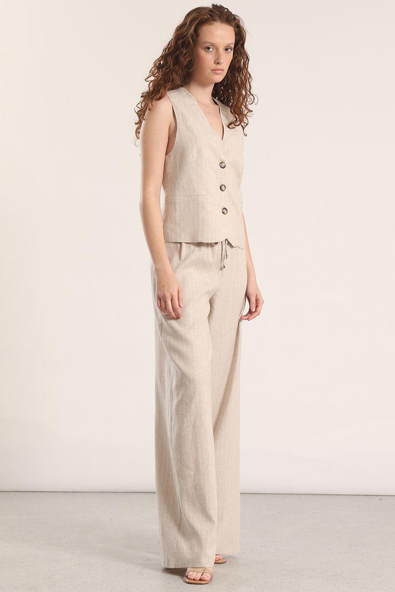 Pantalón recto lino rayas liola mujer beige-3