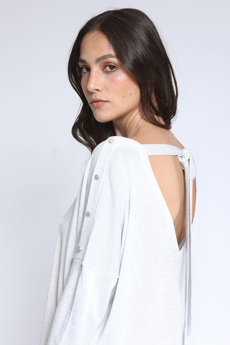 Sweater Tejido Lurex Boton Strass, Perla Liola-0