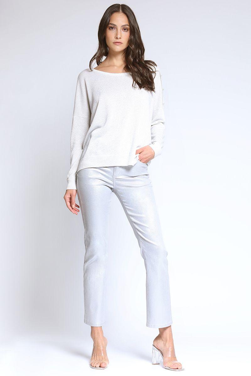 Sweater Tejido Lurex Boton Strass, Perla Liola-1