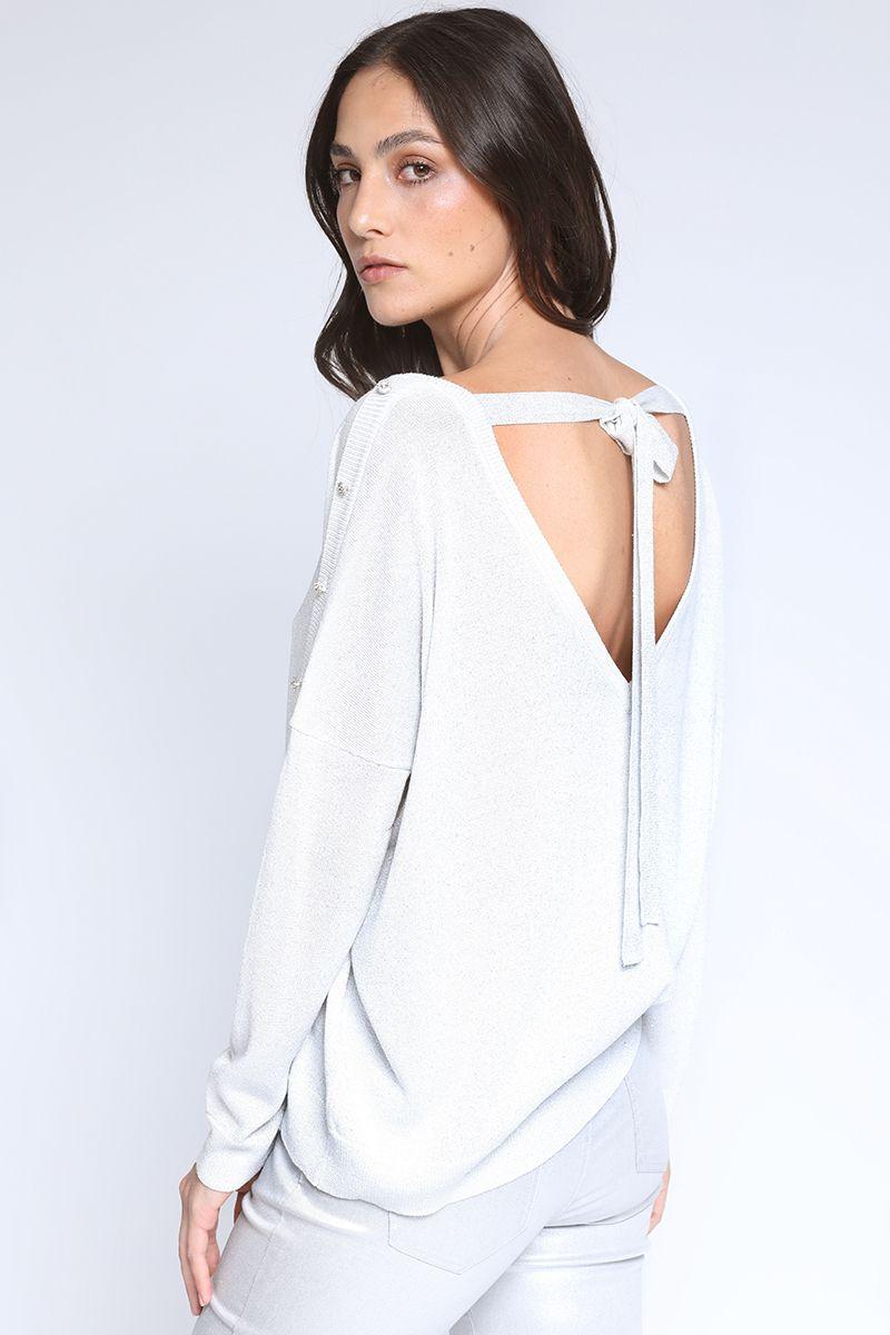 Sweater Tejido Lurex Boton Strass, Perla Liola-3
