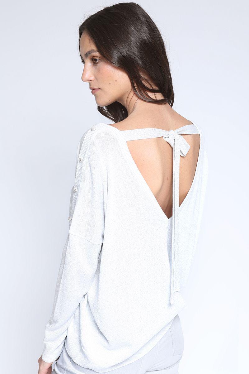Sweater Tejido Lurex Boton Strass, Perla Liola-5