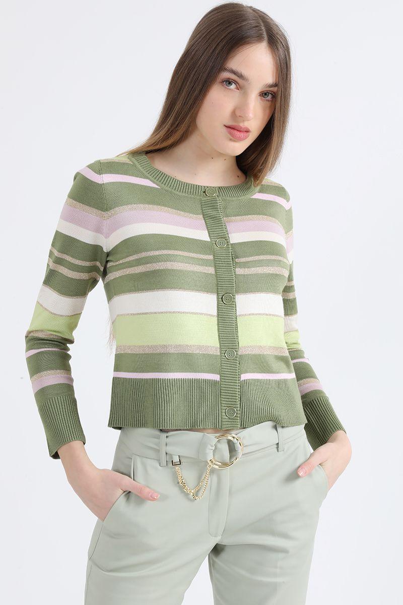 Cardigan Tejido Con Lurex, Rayas Fantasia, Verde Liola-5