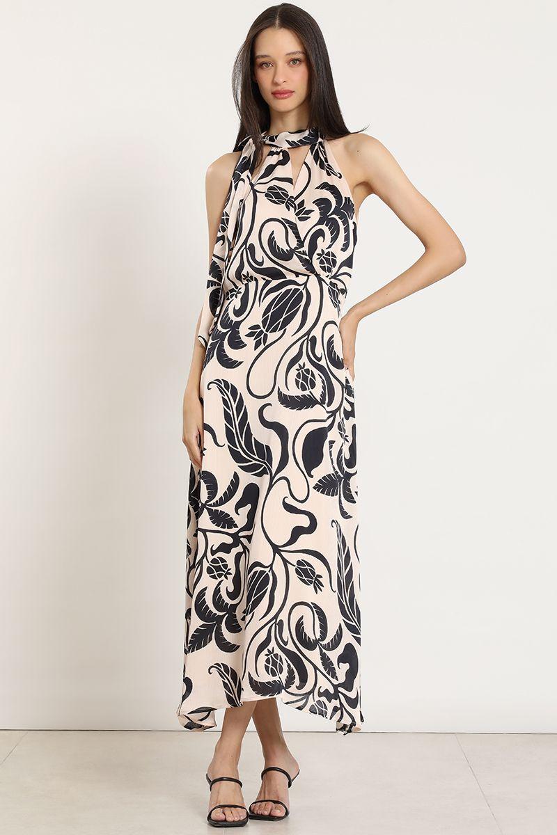 Vestido maxi estampado, lazada, negro Liola-2