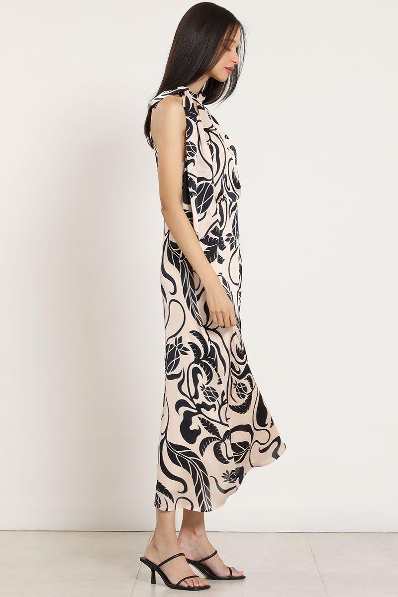 Vestido maxi estampado, lazada, negro Liola-3