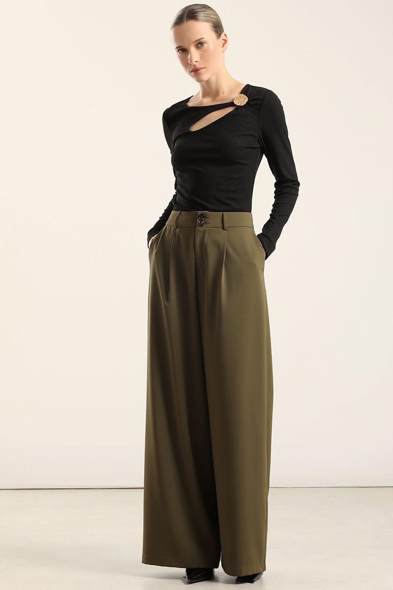Pantalon Ancho Con Pinza, Militar Liola-2
