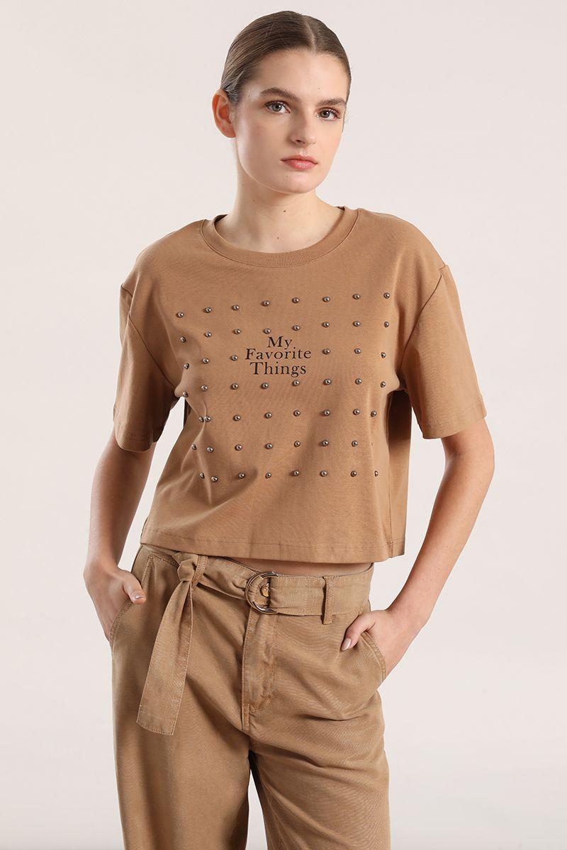 Polera algodon, tachas mujer Liola camel-1