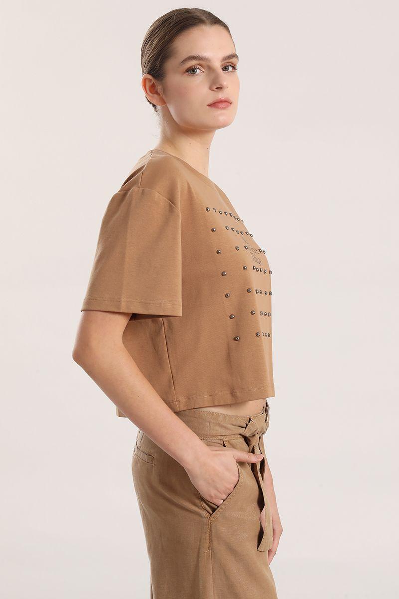 Polera algodon, tachas mujer Liola camel-2