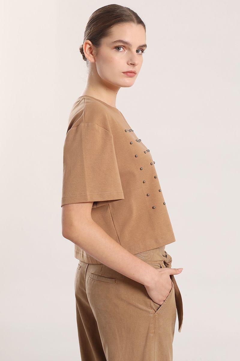 Polera algodon, tachas mujer Liola camel-4