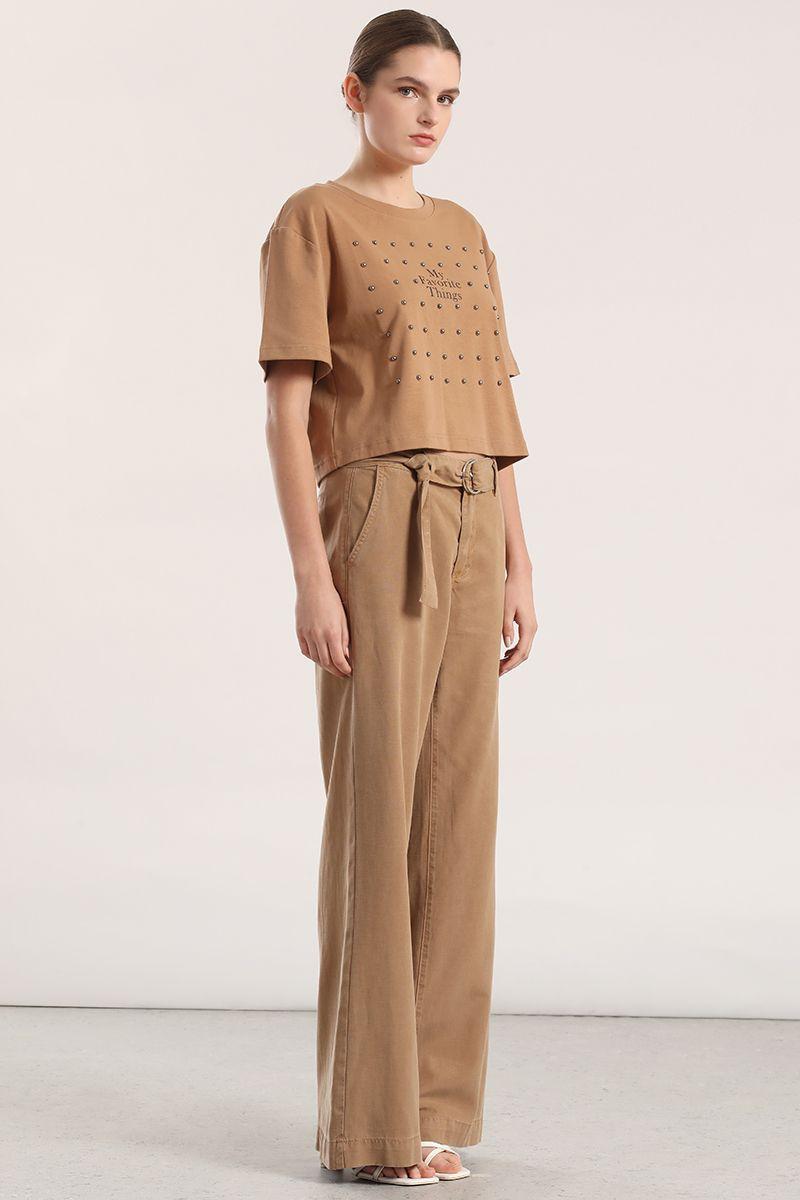 Polera algodon, tachas mujer Liola camel-5