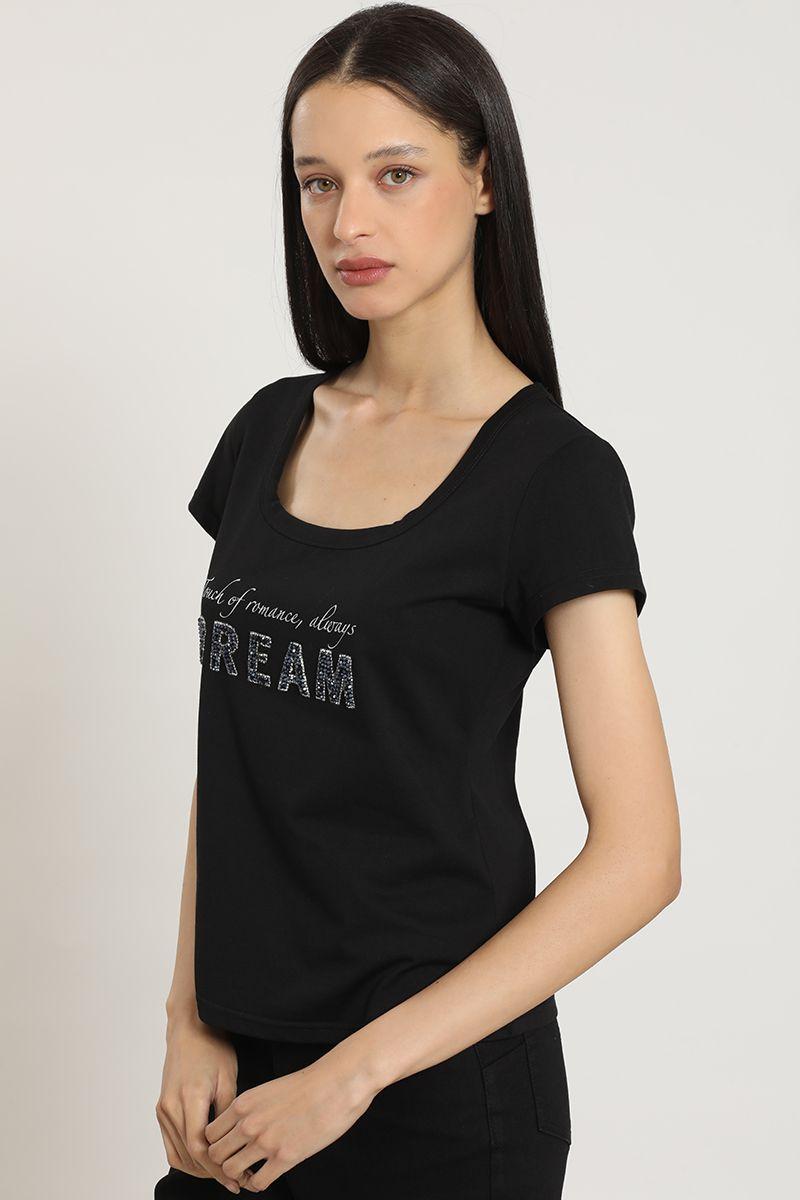 Polera estampado, aplicacion strass, negro Liola-1