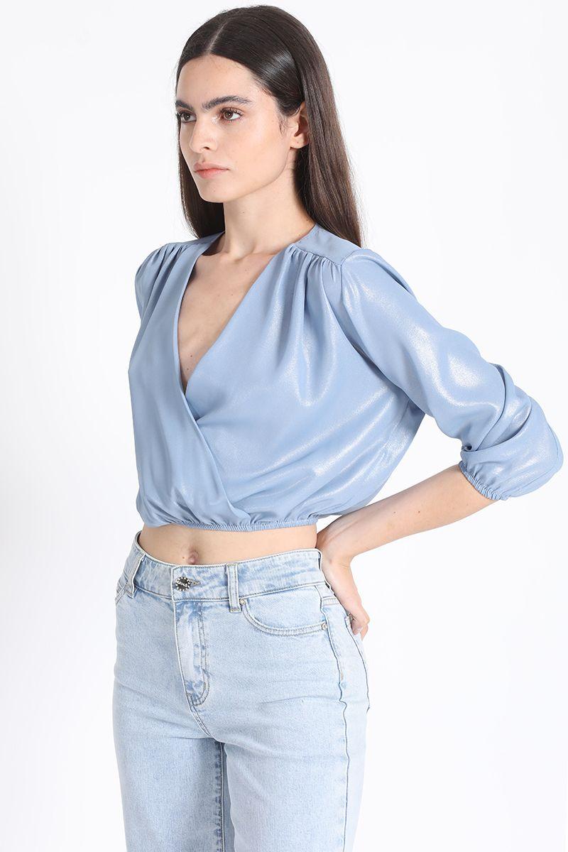 Blusa Crop Satin Nacarado, Plateado Liola-0
