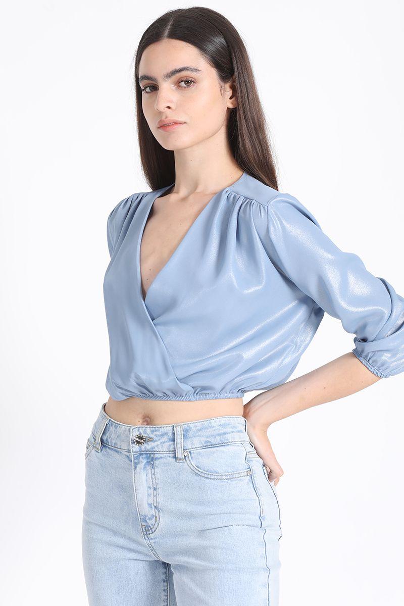 Blusa Crop Satin Nacarado, Plateado Liola-5