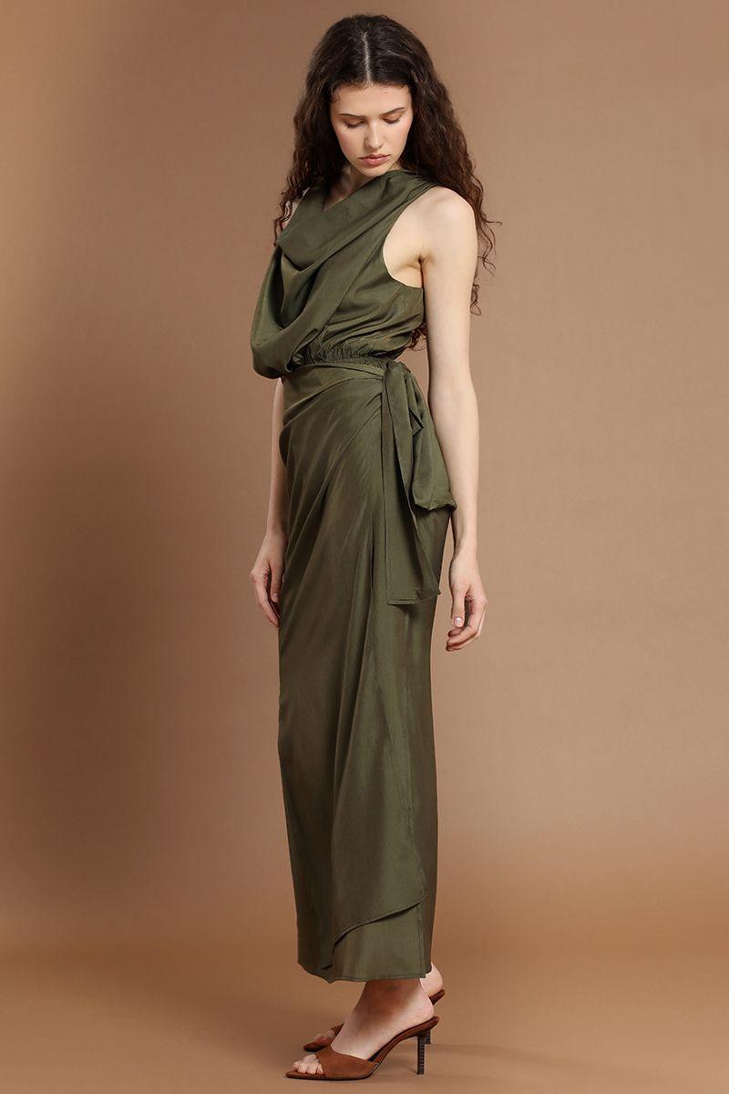 Vestido largo, envolvente elasticada, militar Liola-3