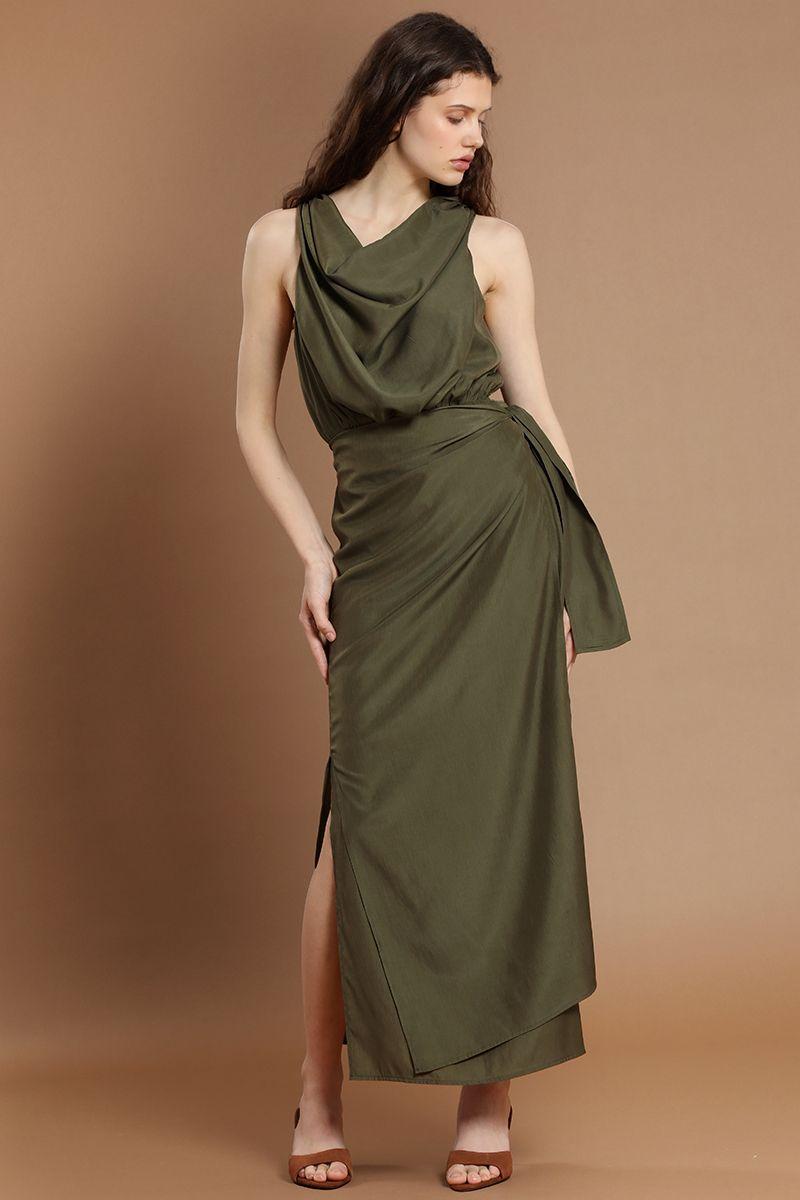 Vestido largo, envolvente elasticada, militar Liola-4