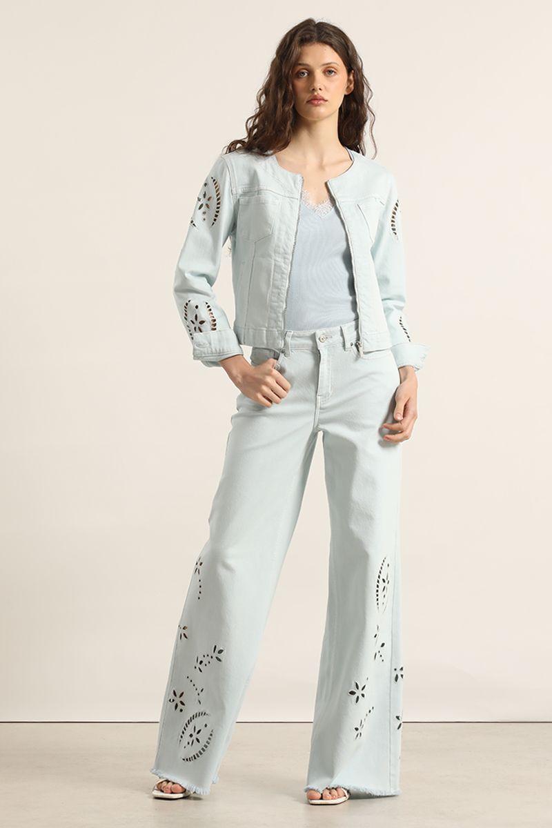 Chaqueta jeans color, bordado, celeste Liola-0