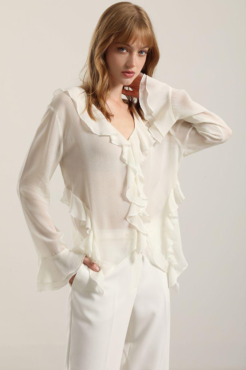 Blusa volantes semitransparente, beige Liola-2