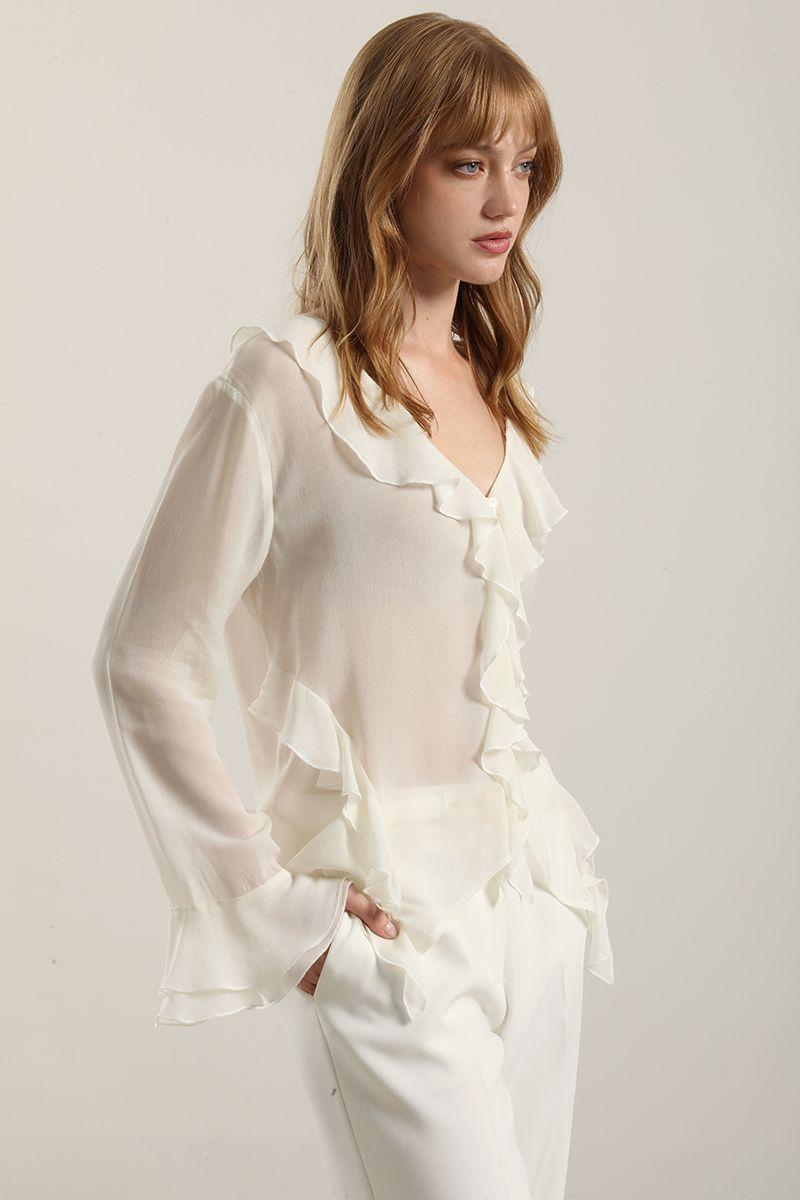 Blusa volantes semitransparente, beige Liola-3