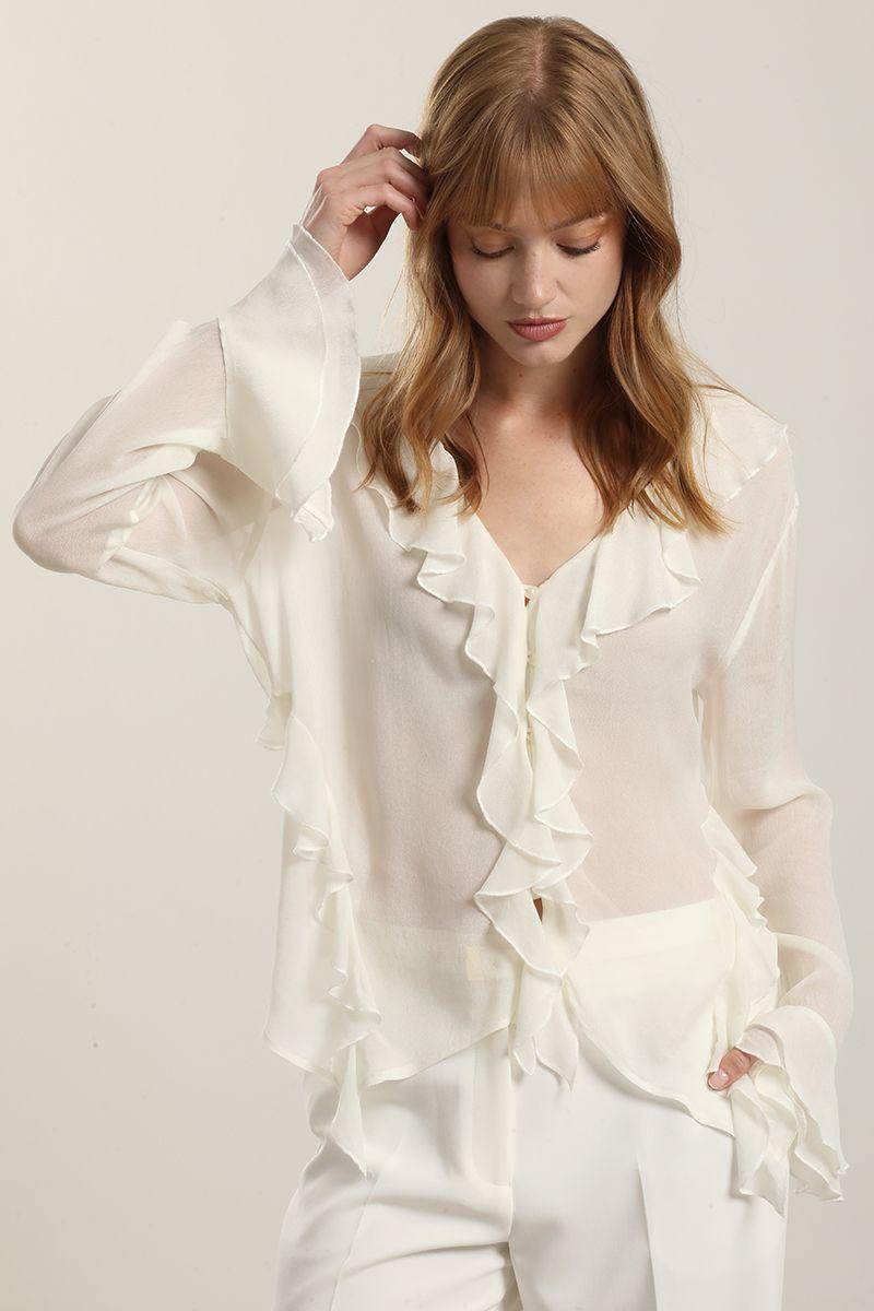 Blusa volantes semitransparente, beige Liola-4