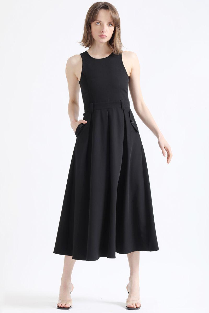 Vestido Maxi Faldon Pliegues, Negro Liola-2