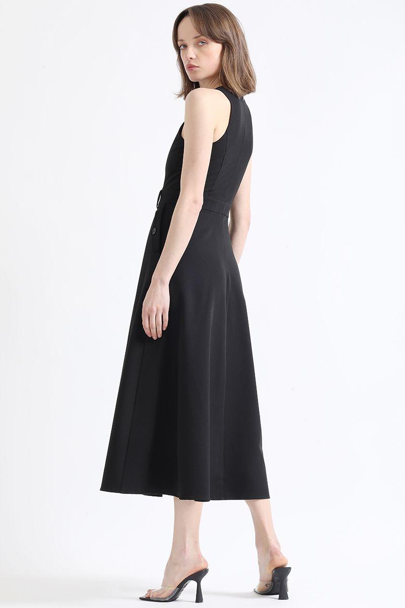 Vestido Maxi Faldon Pliegues, Negro Liola-5