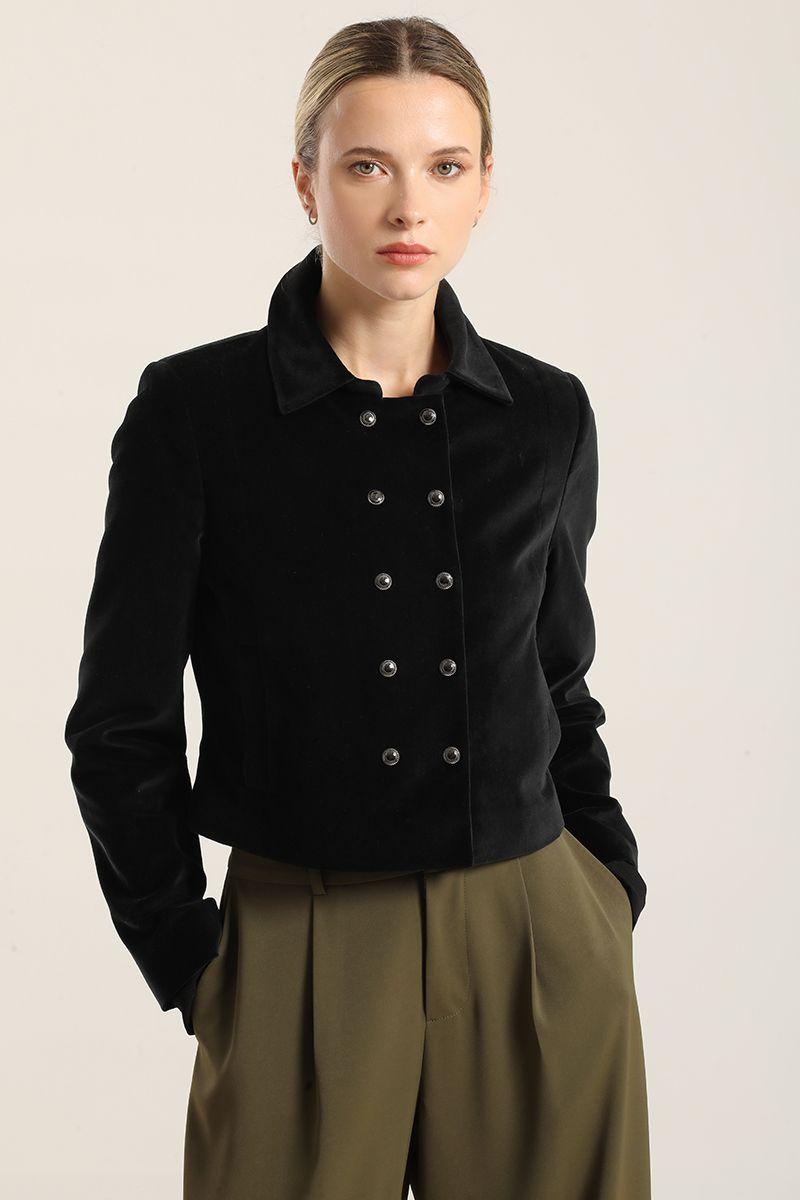 Chaqueta cropped cruzada, terciopelo negro Liola-2