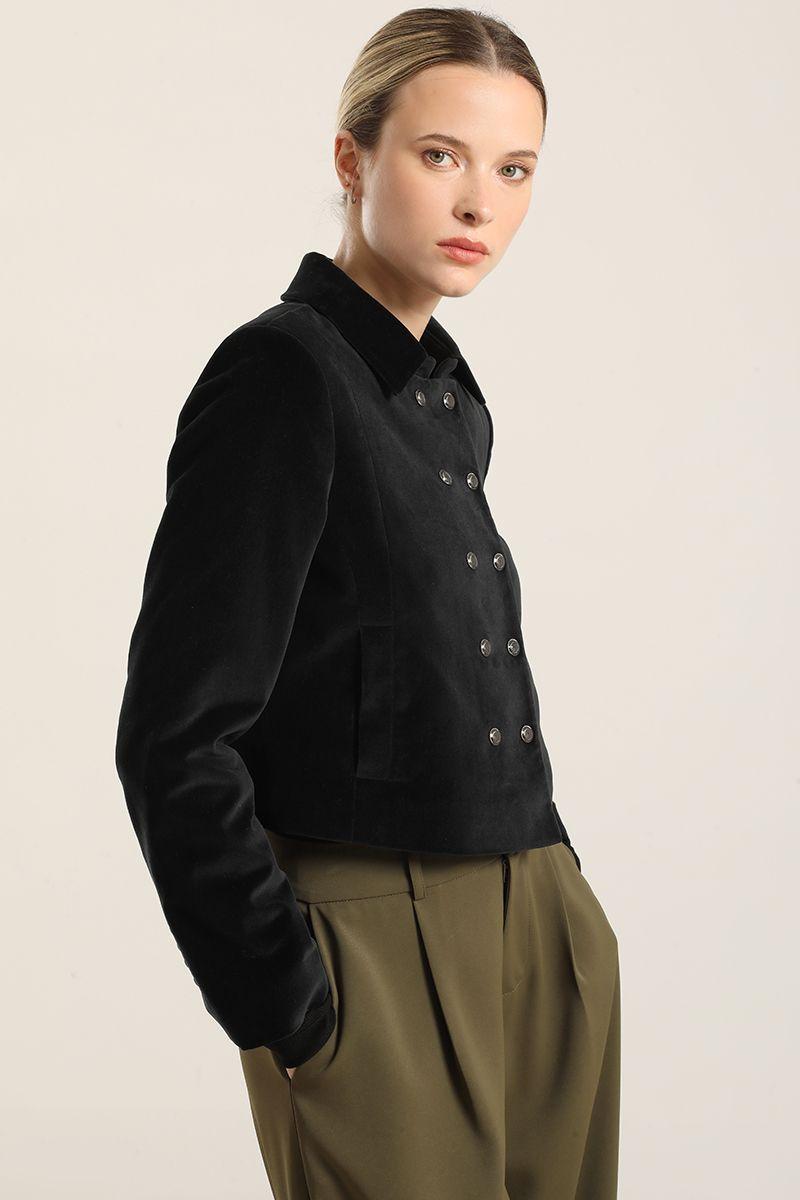 Chaqueta cropped cruzada, terciopelo negro Liola-5