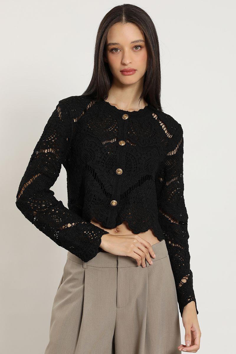 Cardigan punto, macrame fantasia, negro Liola-4